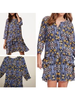 LOFT Floral Blue & Yellow Ruffled Shift Dress